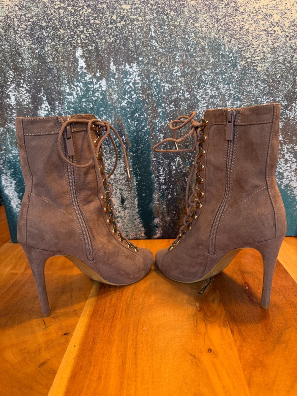 Anne Michelle Y2K Inspired Taupe Lace-Up Heeled Booties (VGUC) - Picture 7 of 13
